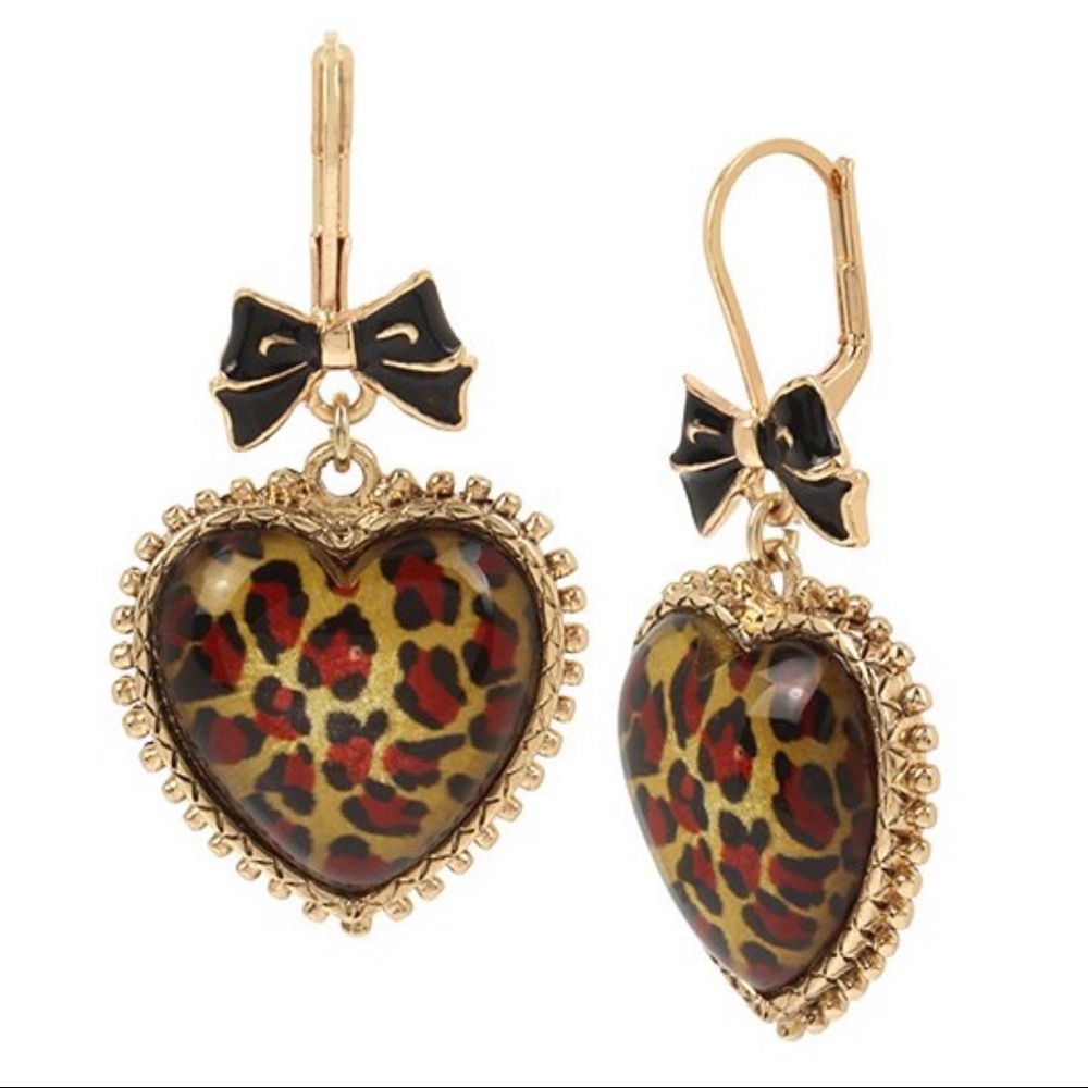 Betsey Johnson Leopard Heart & Bow Earrings